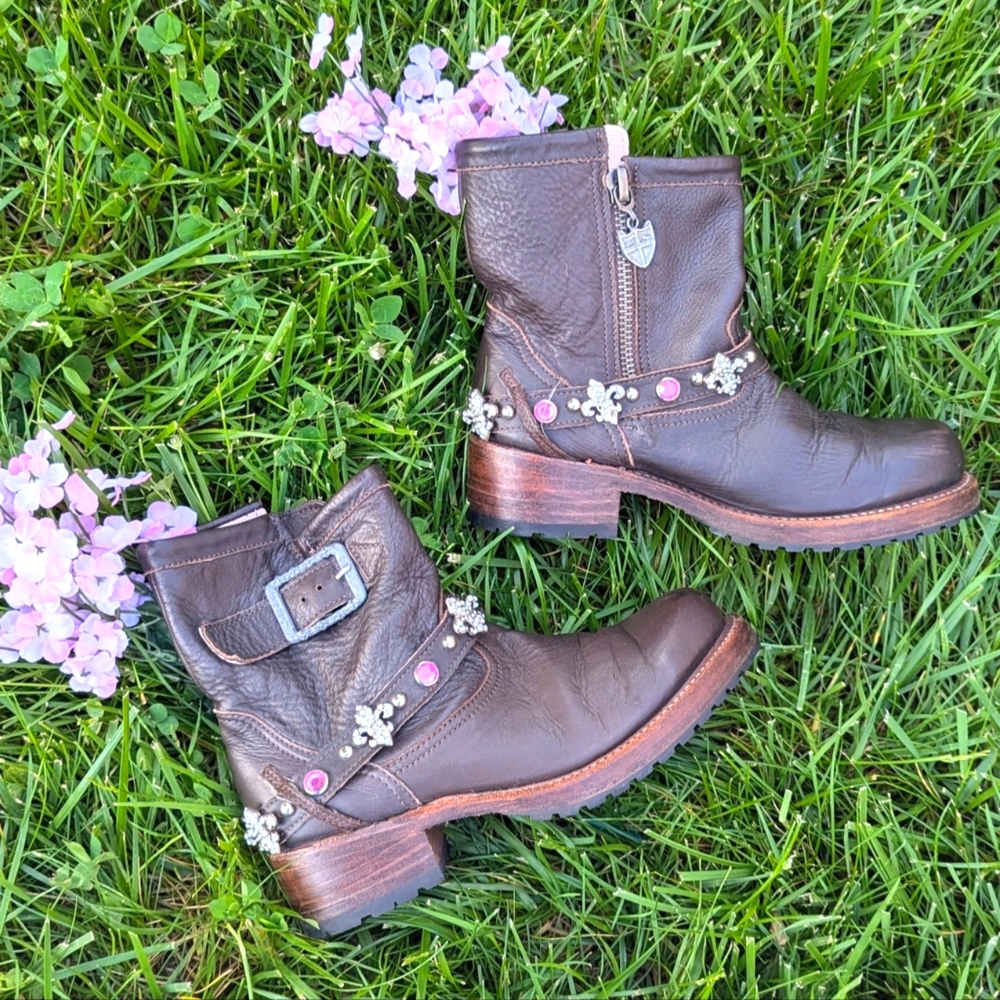 Brown Leather Cowboy Biker Moto Rare Pink Bling Boots 9 fit like 8.5